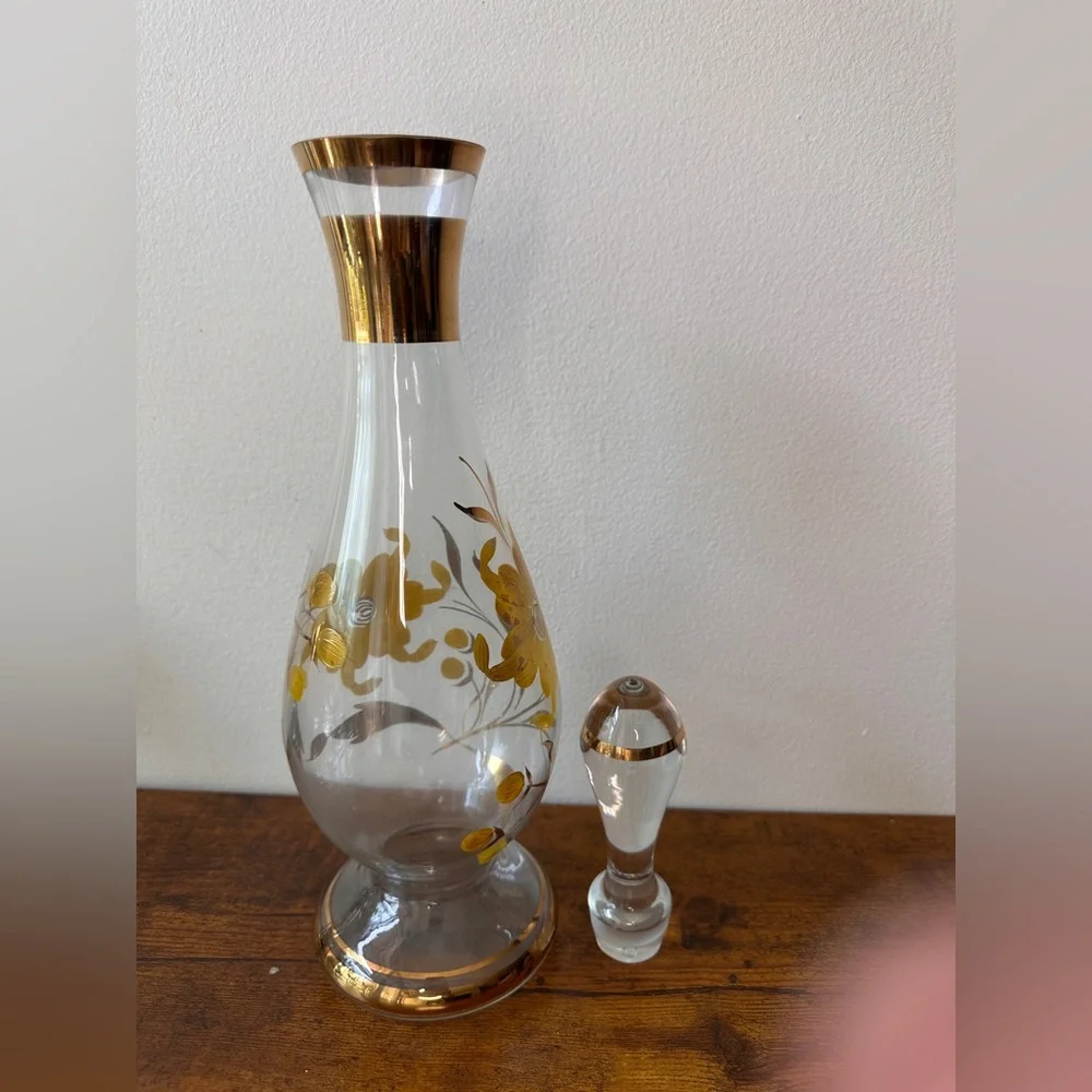 Vtg Mid-Century Romanian Glass Decanter Set - 6 Cordial Glasses - Hand Painted